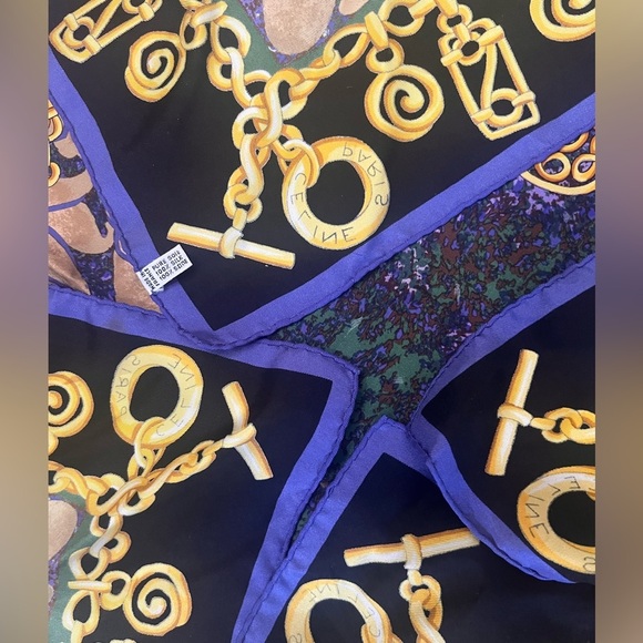 Celine EUC silk large scarf blue green gold chain motif - Picture 5 of 9